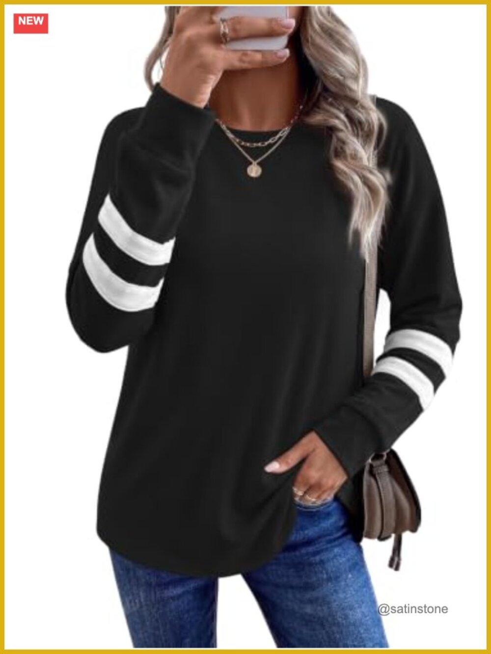 Womens Crewneck Color Block Sweatshirt Tunic Long Sleeve Loose Fit